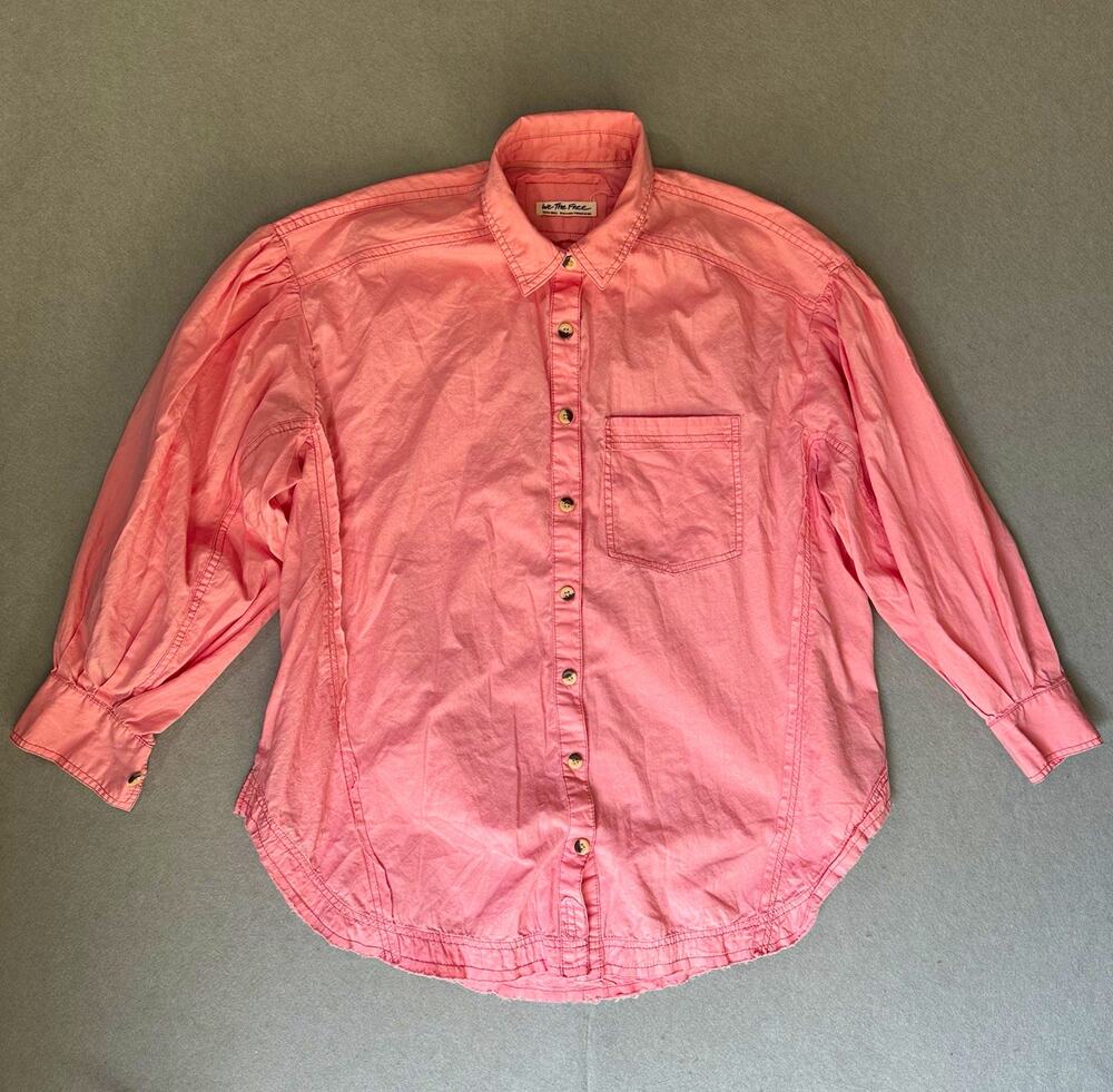 We The Free women XS Pink Solid Button-Up Long Sleeve Point Collar Shirt Pockets